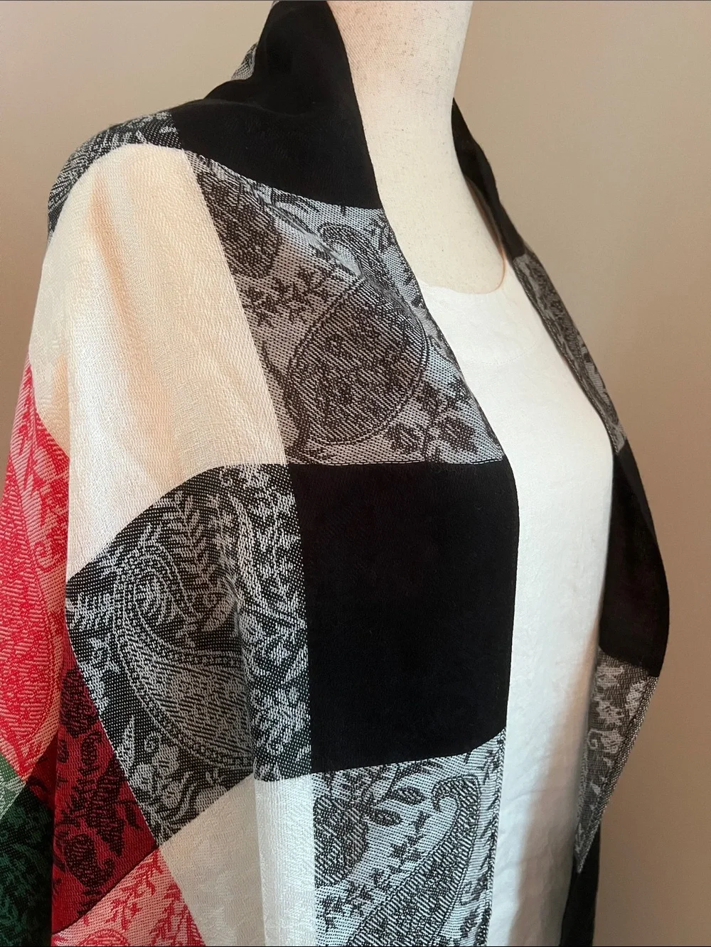 pashmina | Black, White, Red & Green Paisley Patch Scarf Wrap Sz 76” L x 27” W